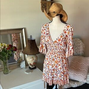 Billabong in a dream dress cream, orange floral western BoHo ruffle gauze M